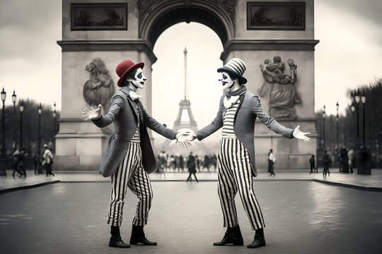 Two black and white french mimes being playful and funny in Paris, France near the Eiffel Tower, dancing and making funny faces