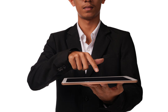 Young business man using digital tablet isolated on white background                            