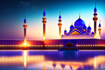 Fototapeta na wymiar illustration of amazing architecture design of muslim mosque ramadan concept.AI.
