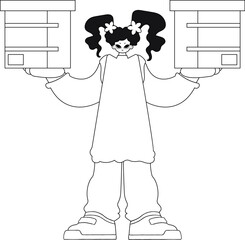 Girl holds a box, delivering a parcel. Simplistic linear vector illustration.