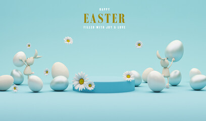3D display podium, creative easter egg on pastel blue background, Daisy flowers with Rabbit. Happy Easter Holiday background.  Banner, web poster, flyer cover, greeting card.3d render
