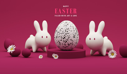 3D display podium, creative easter egg on dark pink background, Daisy flowers with white Rabbit. Happy Easter Holiday background. Viva magenta is a trend colour year in Easter.3d render