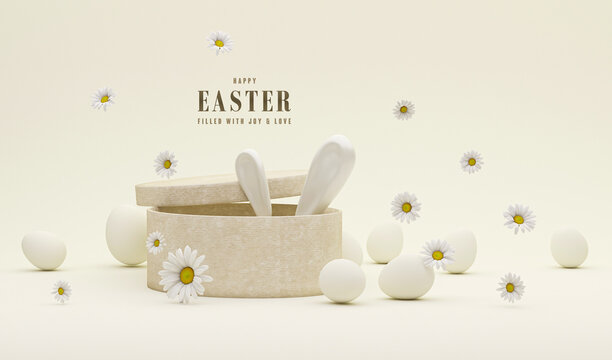 3D display podium, creative easter egg on white beige background, Daisy flowers with Rabbit. Happy Easter Holiday background.  Banner, web poster, flyer cover, greeting card.3d render
