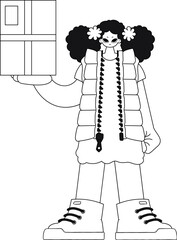 Girl holds parcel in hands. Delivery. Linear vector illustration.