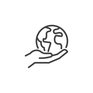 Hand holding earth globe line icon