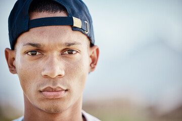 Serious, man and baseball player portrait on pitch, field or sports grounds with game, match or...