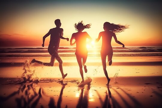 happy friends hand in hand running having fun on the beach chasing sunset view. Created with Generative AI technology.