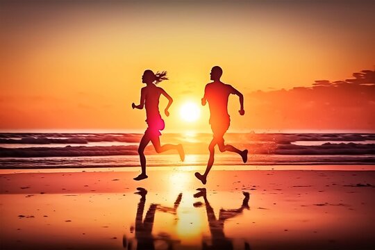 happy friends hand in hand running having fun on the beach chasing sunset view. Created with Generative AI technology.