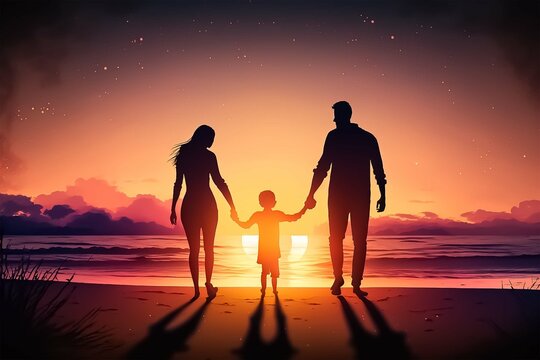 happy young family holding hands having fun on the beach with sunset view. Created with Generative AI technology.