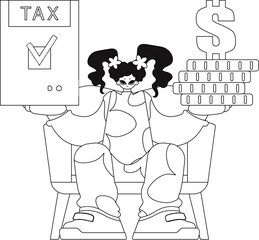 Girl holds tax return, stack of coins in her hands. Vectored illustration.