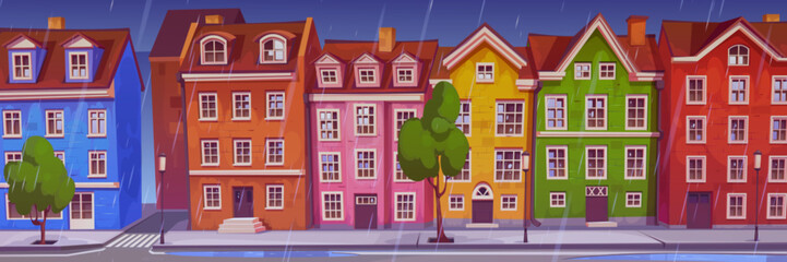 Fototapeta premium Rain in scandinavian city street with traditional buildings, green trees, lanterns on sidewalk, water drops falling on roofs of buildings, puddles on road. Wet climate. Vector cartoon illustration