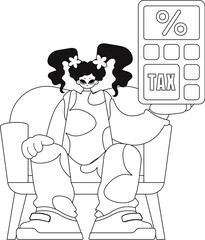 Girl grasps calculator. Linear style vector image.