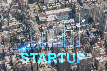 Aerial top view of New York City building roofs. Bird's eye view from helicopter of metropolis cityscape. Startup company, launch project to seek and develop scalable business model, hologram