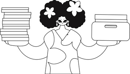 Girl stacks paperwork. Drawn in linear style. Vector art.