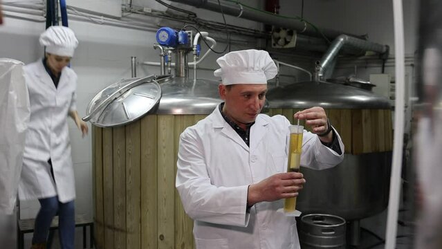 Professional brewmaster controlling craft beer production process in brewery, measuring beverage density with digital hydrometer. High quality FullHD footage