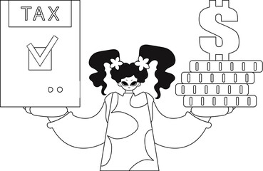 Girl holds tax return and stack of coins in their hands, depicted in a linear style illustration.