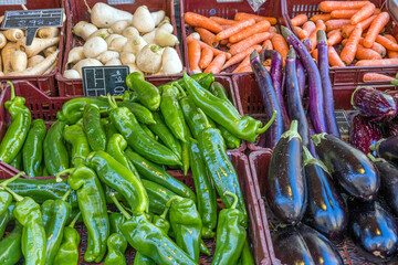 Peppers, eggplant and carrots for sale at a market