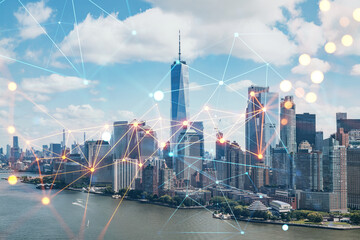 Plakat Aerial panoramic helicopter city view of Lower Manhattan and Downtown financial district, New York, USA. Social media hologram. Concept of networking and establishing new people connections