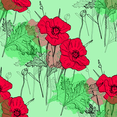 Pattern of poppy flowers. Floral abstract seamless patterns. Vector design for different surfases. Ink Drawing with Texture.