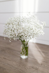 Bouquet of small white flowers in a glass vase in a bright sunny interior. White gypsophila close-up.