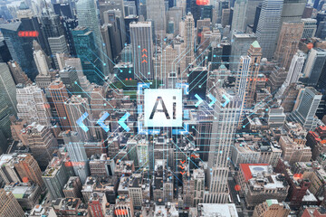 Obraz na płótnie Canvas Aerial panoramic roof top city view of New York City Financial Downtown, day time. Manhattan, NYC, USA. Artificial Intelligence concept, hologram. AI, machine learning, neural network, robotics