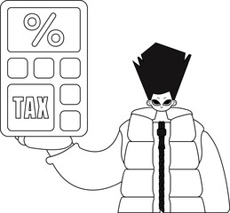 Man holds calculator. Linear style vector illustration.