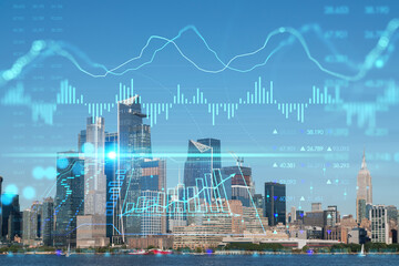 Plakat New York City skyline from New Jersey over Hudson River towards the Hudson Yards at day. Manhattan, Midtown. Forex graph hologram. The concept of internet trading, brokerage and fundamental analysis
