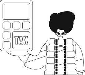 Man holding a calculator; linear, vector illustration.