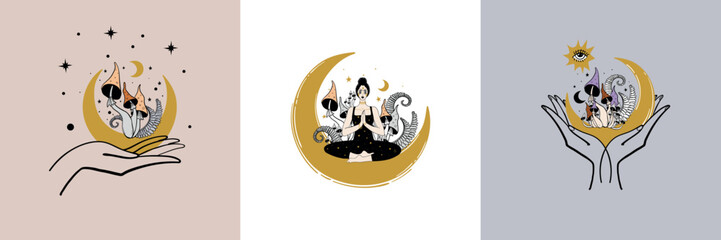 Microdose banner, set of mystical boho tattoos, meditating woman, fly agaric forest mushrooms, moon and fern. Vector illustration for witch, halloween, witchcraft.