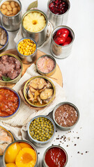 Canned vegetables, beans, fish and fruits in tin cans on a white background. Food stocks.