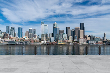 Fototapeta na wymiar Skyscrapers Cityscape Downtown, Seattle Skyline Buildings. Beautiful Real Estate. Day time. Empty rooftop View. Success concept.