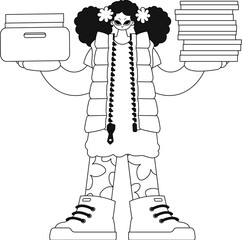 Girl holds stacks of docs. Illustration uses linear vector style.