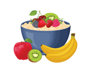 Oatmeal. A blue cup of oatmeal with fruit. Oatmeal with fruits such as banana, kiwi, apple and strawberry and cherry raspberries. A lot of fruit porridge