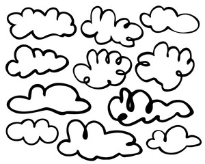 Vector set of decorative graphic doodle clouds. Hand drawn graphic bubbles of frames