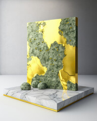Gilded marble wall etched with lichen and turf. Podium, empty showcase for packaging product presentation, AI generation.