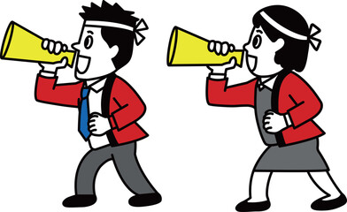 メガホンで叫ぶ店員