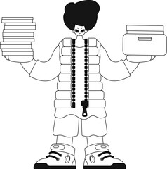 Guy piles with docs in linear style, vector illustration.