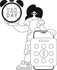 Girl holds calendar and alarm clock deadline tax day. Vector illustration shows linear style.