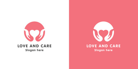 Illustration of love care compassion logo design. Silhouette of hand gesture giving love heart in circle. Simple flat design style