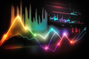 Financial graphs glowing lines and diagram on digital screen. Generative AI