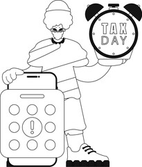 Guy calendar and alarm clock. taxes due linear vector illustration.