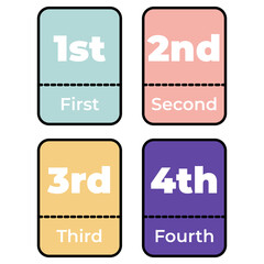Ordinal numbers from 1 to 4 colored flashcard, material in english. Vector illustration