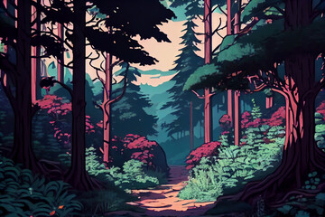 background with trees and mountain. anime aesthetic. Generative ai.
