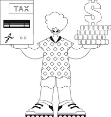 He holds a tax return and coins, illustrated linearly in vector form.