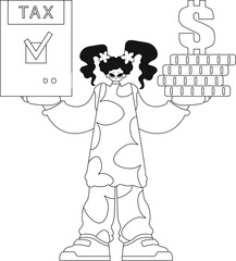 The girl holds tax return and a pile of coins in her hands. Created in a linear style. Vector image.