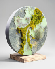 iridescent marble disc with lichen and turf designs. Podium, empty showcase for packaging product presentation, AI generation.