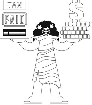 Girl holds a tax return and a pile of coins; illustration in vector format.