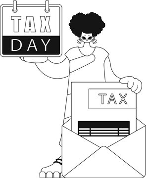 Girl holds calendar and letter notifying her of taxes; vector illustration.