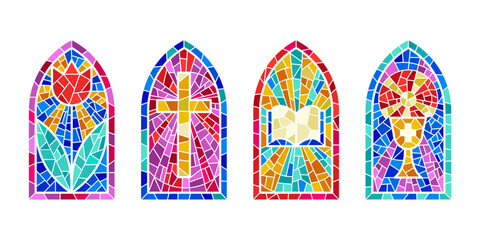 Church glass windows. Stained mosaic catholic frames with cross, book and religious symbols. Vector set isolated on white background