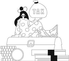 Girl on a pile of cash, a bag in hand. Tax day illustration in linear style vector.